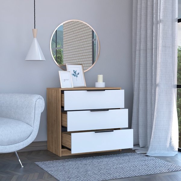 Tuhome Kaia 3 Drawers Dresser, Superior Top, White/Pine CBC4765